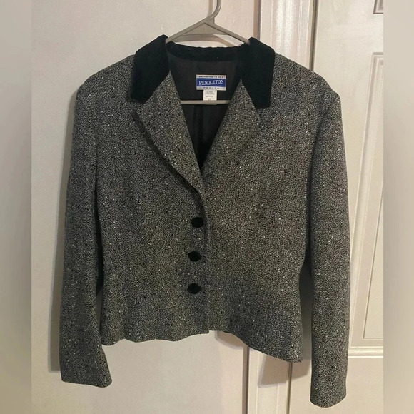 Vintage PENDLETON Black & Gray Wool Tweed Blazer Velvet Collar & Buttons 10P - Picture 3 of 8
